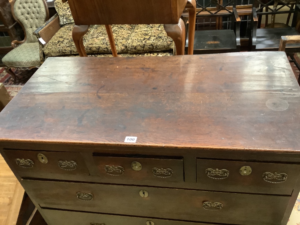 An 18th century oak chest on stand, width 100cm depth 50cm height 129cm